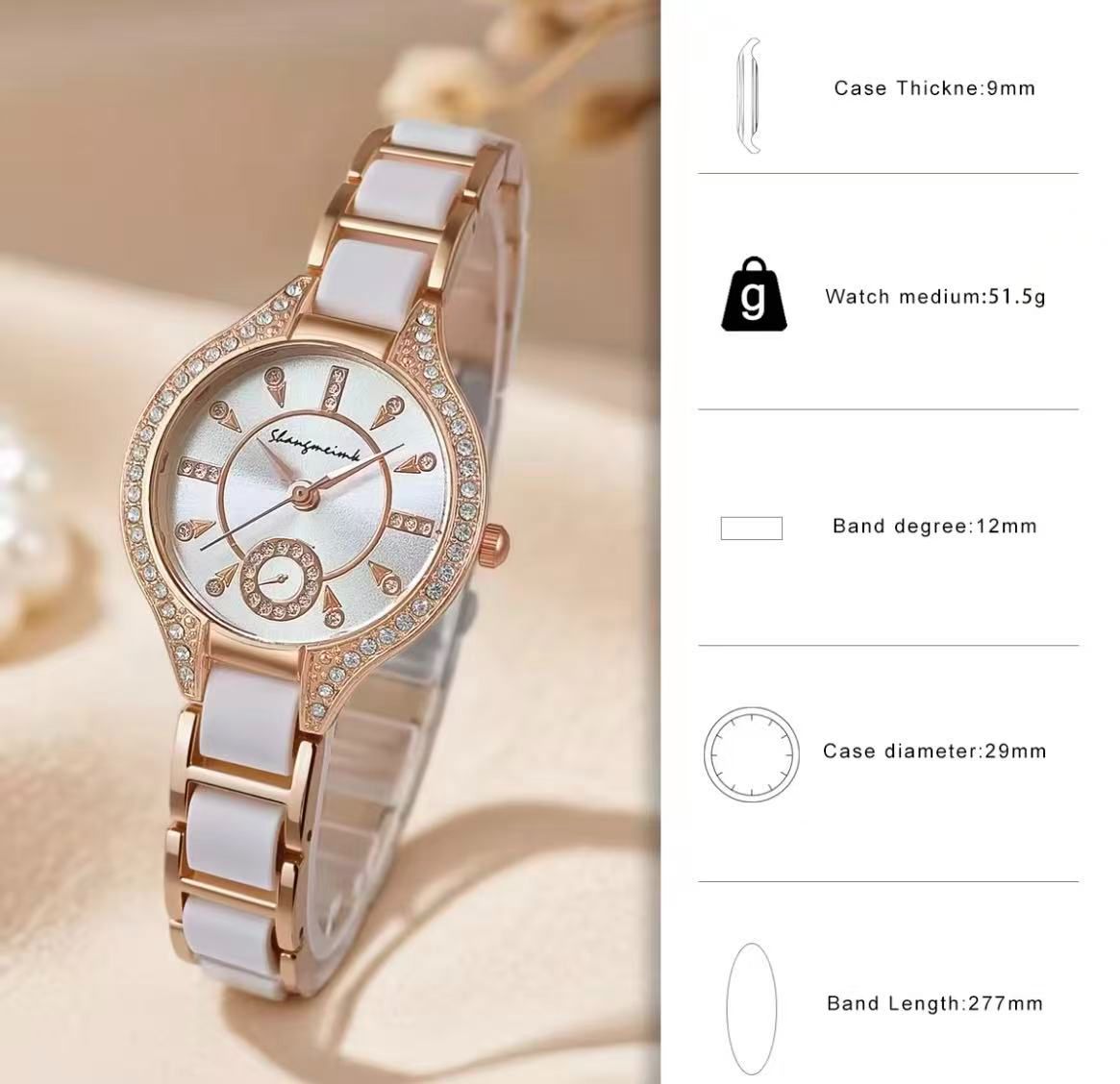 Star-Filled Sky Collection Counter Luxury Ladies' Watch, Luxury, Versatile, Fashionable, Elegant Style 1301 Classic White