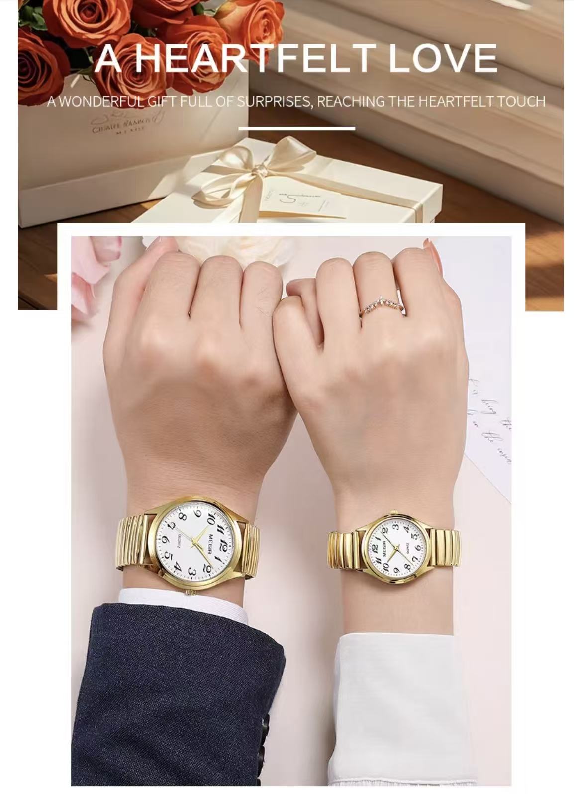 MEGIR 1088 Watch Set - 1 Men's Watch + 1 Women's Watch, Spring Elastic Band, Strong Luminous, High Cost-Effective Hot-Selling Couple Watches
