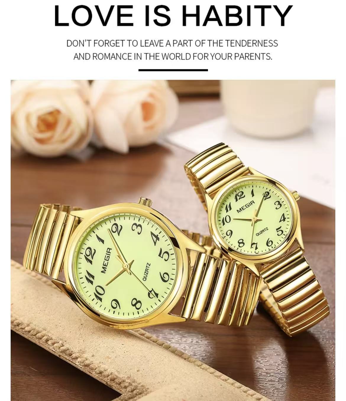 MEGIR 1088 Watch Set - 1 Men's Watch + 1 Women's Watch, Spring Elastic Band, Strong Luminous, High Cost-Effective Hot-Selling Couple Watches