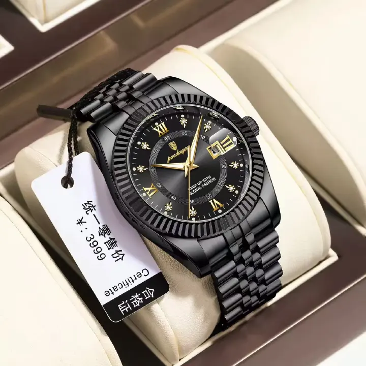 POEDAGAR 910 Baidajia New Diamond-Inlaid Calendar Stainless Steel Strap Foreign Trade Casual Fashion Sports Men's Hot-Selling Quartz Watch