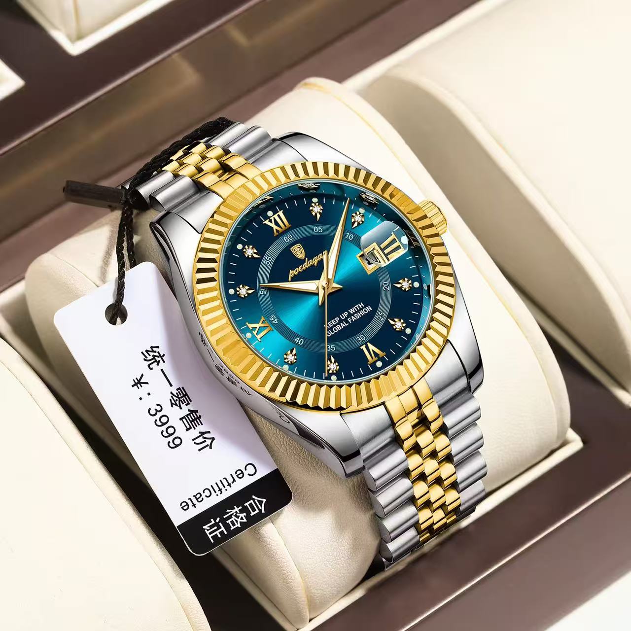 POEDAGAR 910 Baidajia New Diamond-Inlaid Calendar Stainless Steel Strap Foreign Trade Casual Fashion Sports Men's Hot-Selling Quartz Watch