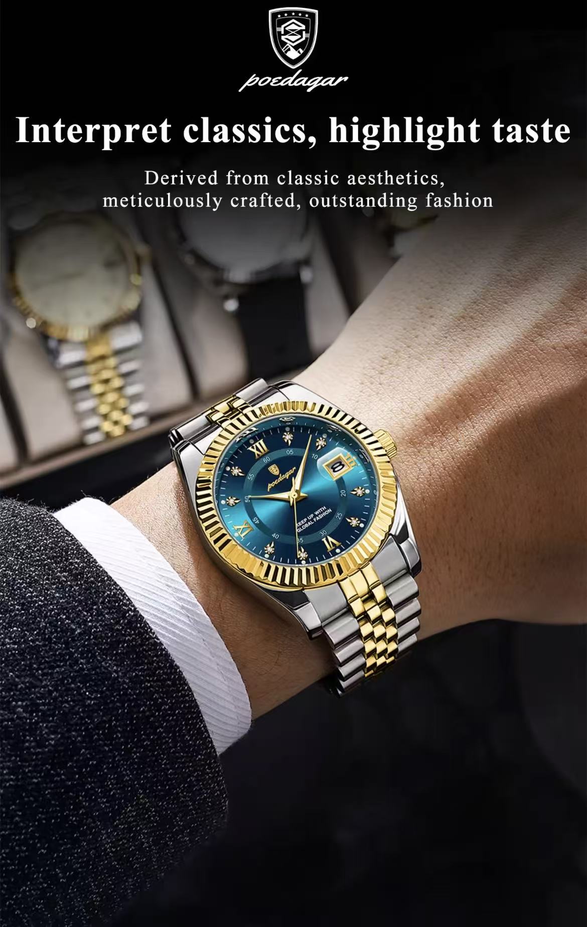 POEDAGAR 910 Baidajia New Diamond-Inlaid Calendar Stainless Steel Strap Foreign Trade Casual Fashion Sports Men's Hot-Selling Quartz Watch