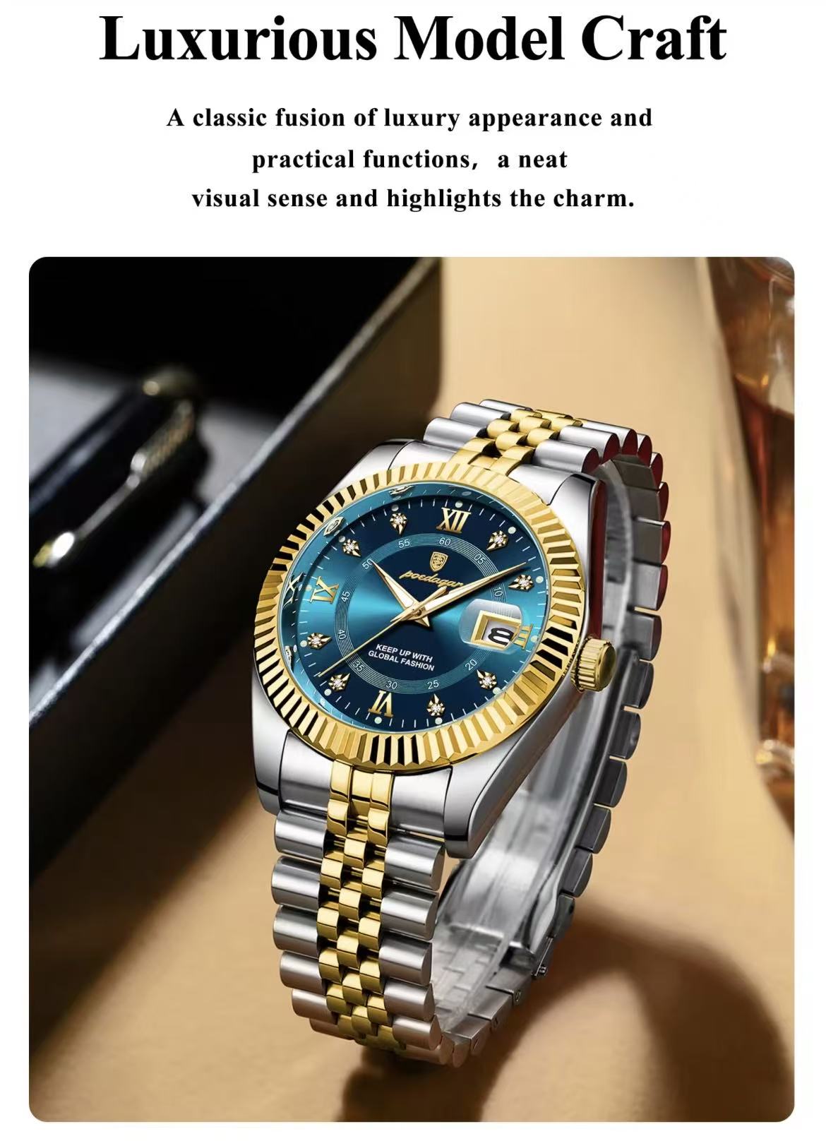 POEDAGAR 910 Baidajia New Diamond-Inlaid Calendar Stainless Steel Strap Foreign Trade Casual Fashion Sports Men's Hot-Selling Quartz Watch