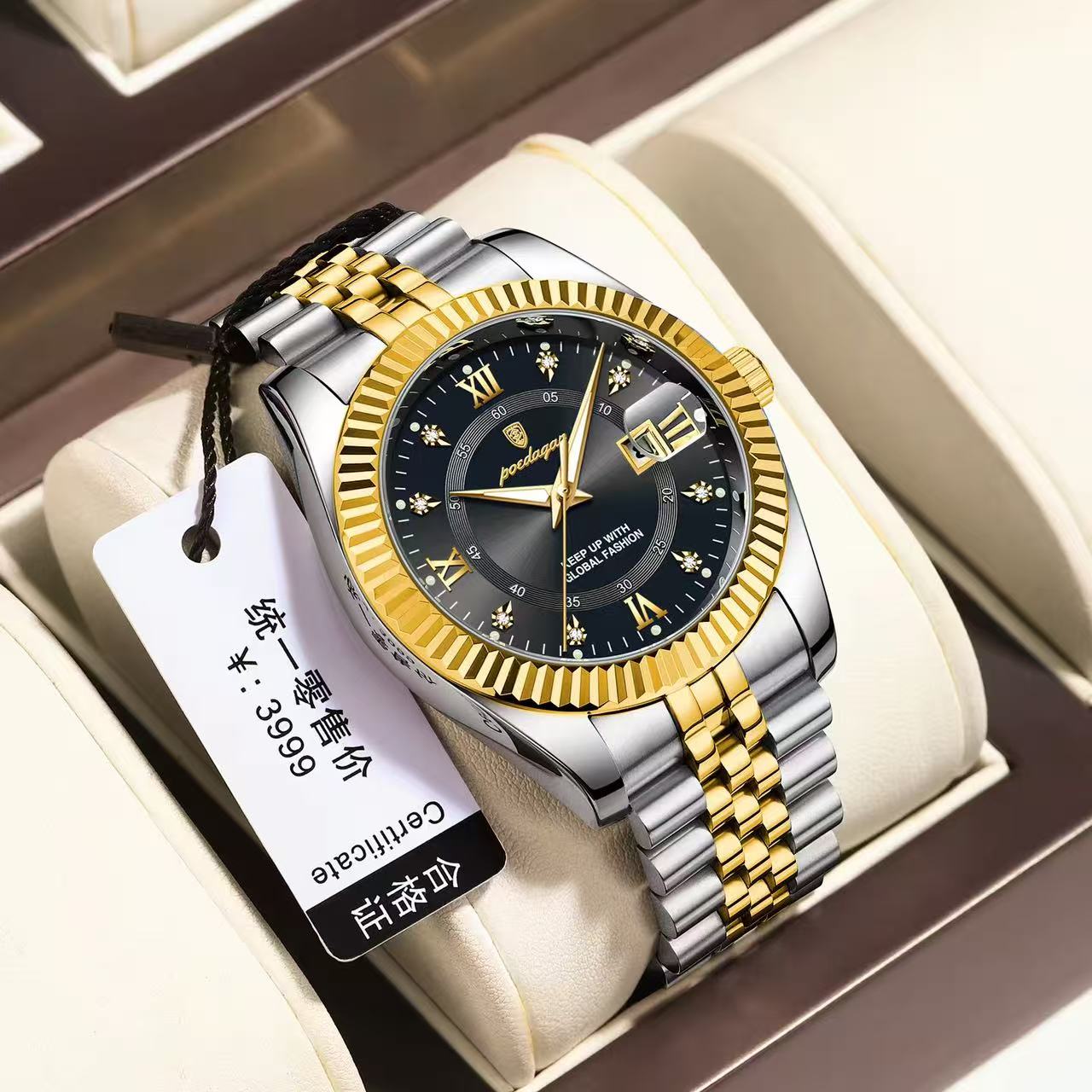 POEDAGAR 910 Baidajia New Diamond-Inlaid Calendar Stainless Steel Strap Foreign Trade Casual Fashion Sports Men's Hot-Selling Quartz Watch