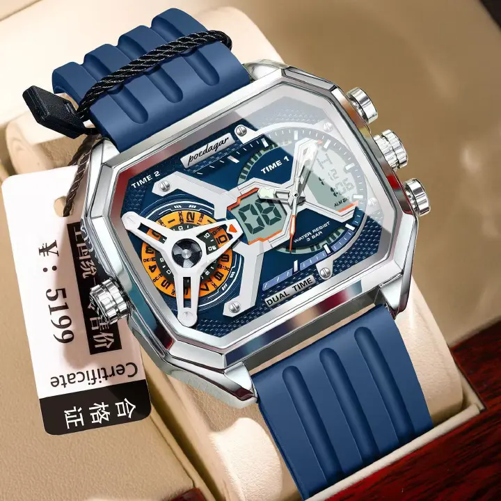 Poedagar E106 Multifunctional Silicone Chronograph Relojes Waterproof Luminous Quartz Digital Watch for Men