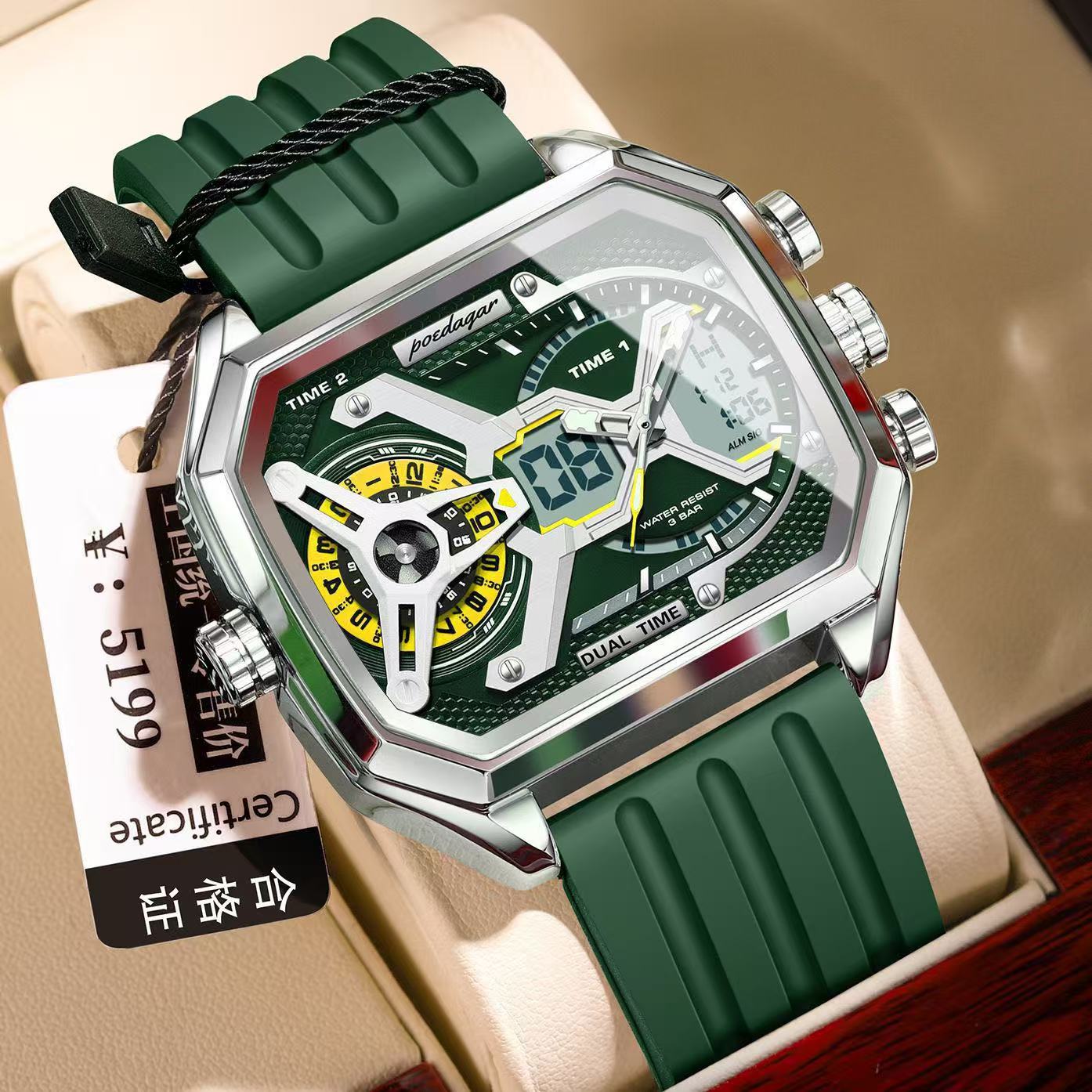 Poedagar E106 Multifunctional Silicone Chronograph Relojes Waterproof Luminous Quartz Digital Watch for Men