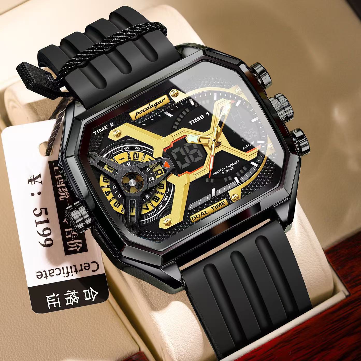 Poedagar E106 Multifunctional Silicone Chronograph Relojes Waterproof Luminous Quartz Digital Watch for Men