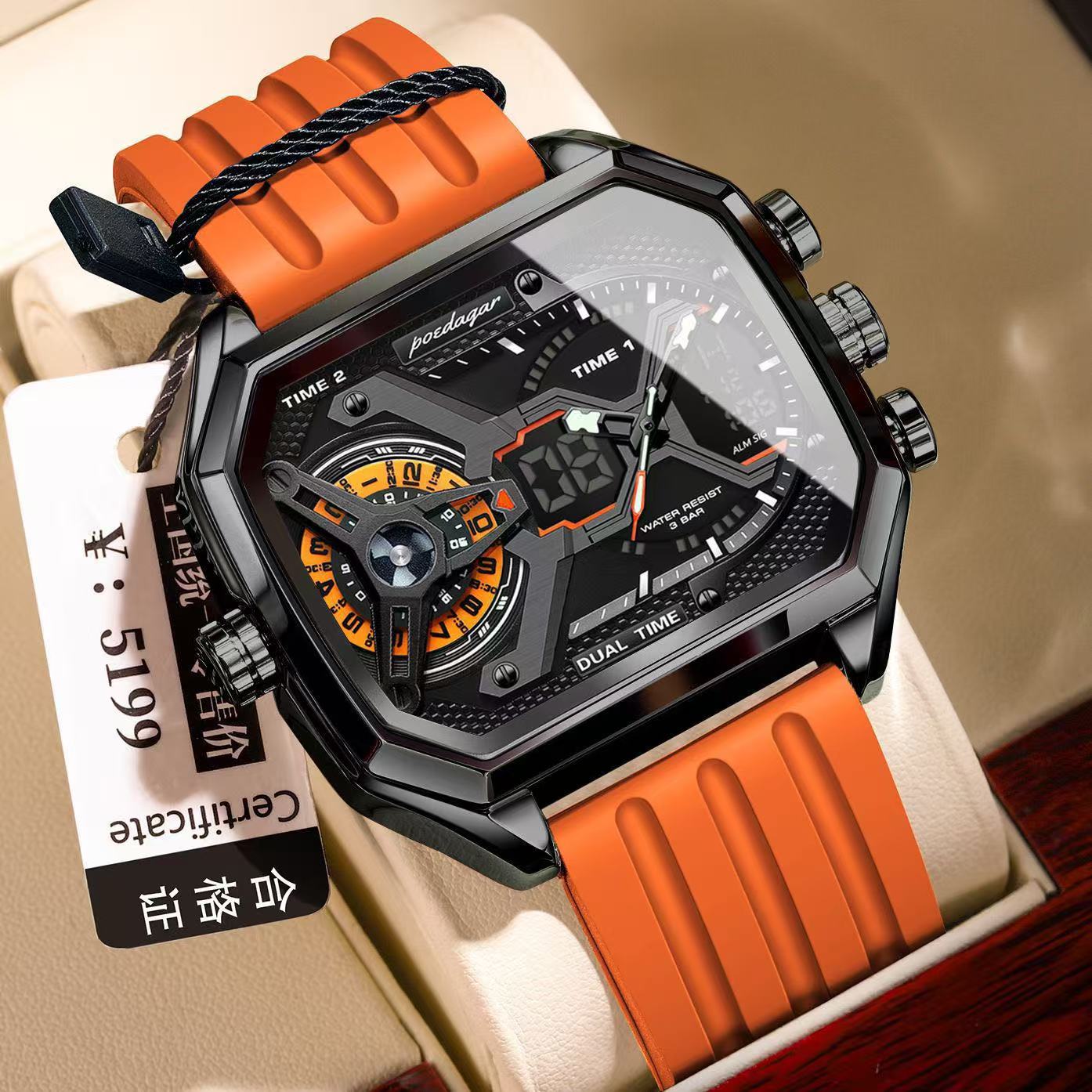 Poedagar E106 Multifunctional Silicone Chronograph Relojes Waterproof Luminous Quartz Digital Watch for Men