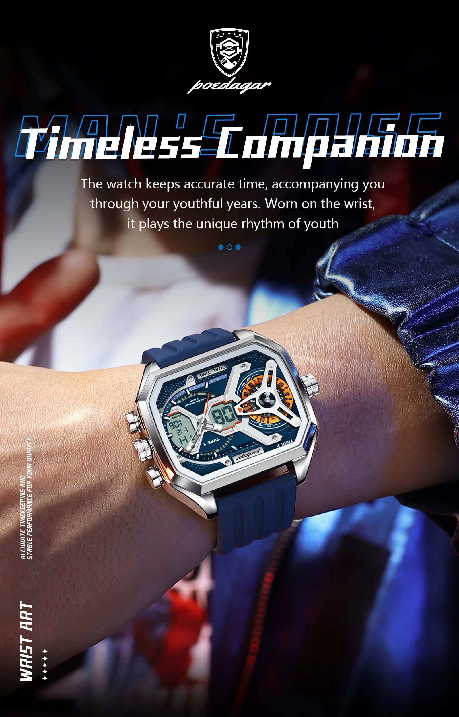 Poedagar E106 Multifunctional Silicone Chronograph Relojes Waterproof Luminous Quartz Digital Watch for Men