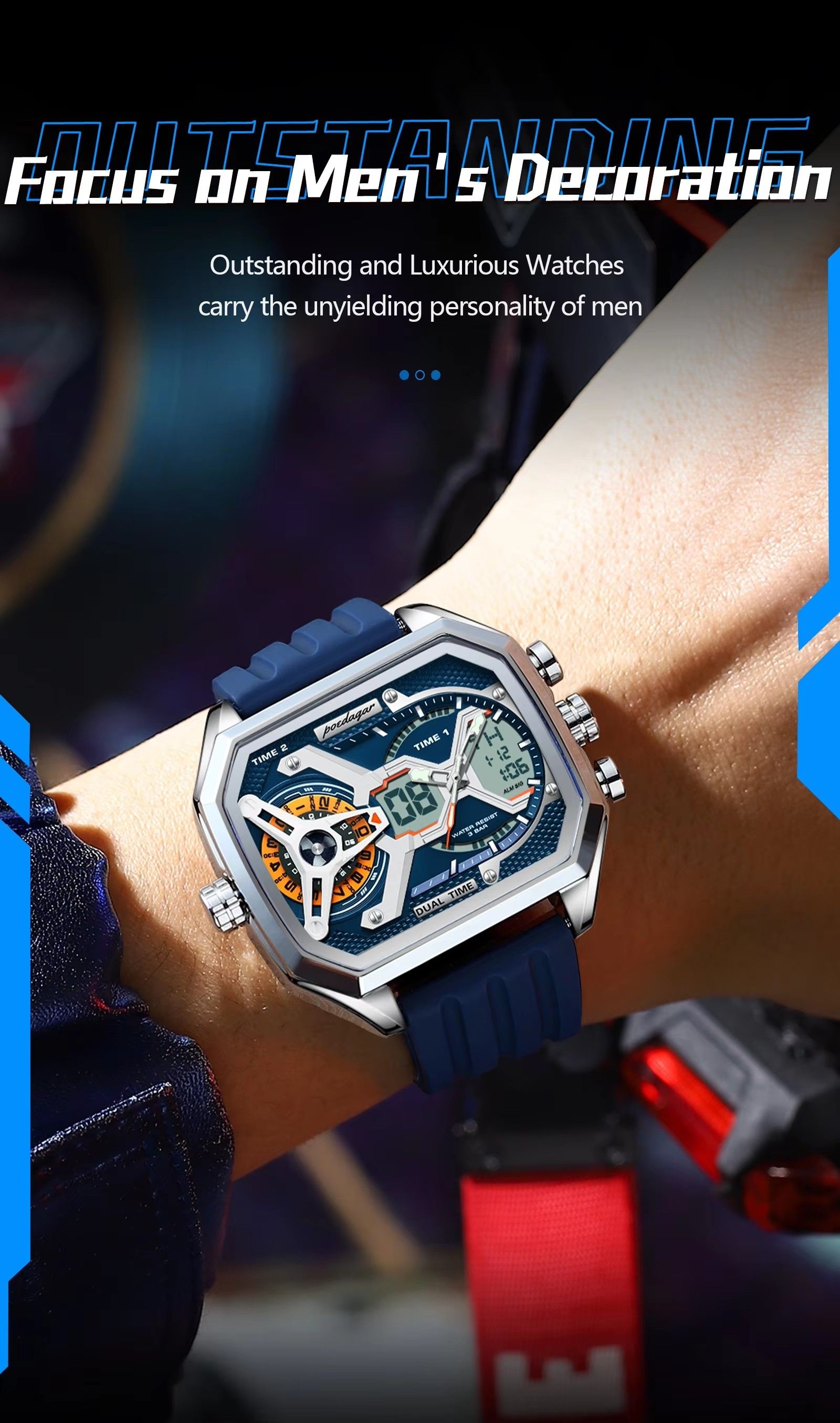 Poedagar E106 Multifunctional Silicone Chronograph Relojes Waterproof Luminous Quartz Digital Watch for Men