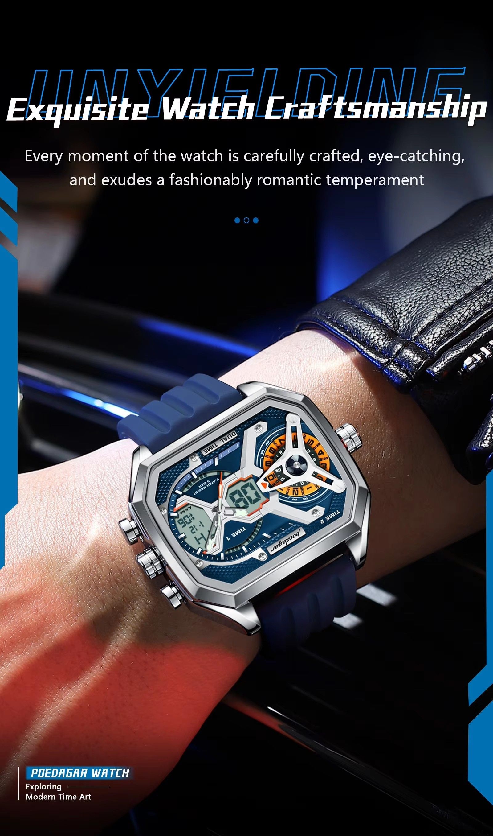 Poedagar E106 Multifunctional Silicone Chronograph Relojes Waterproof Luminous Quartz Digital Watch for Men