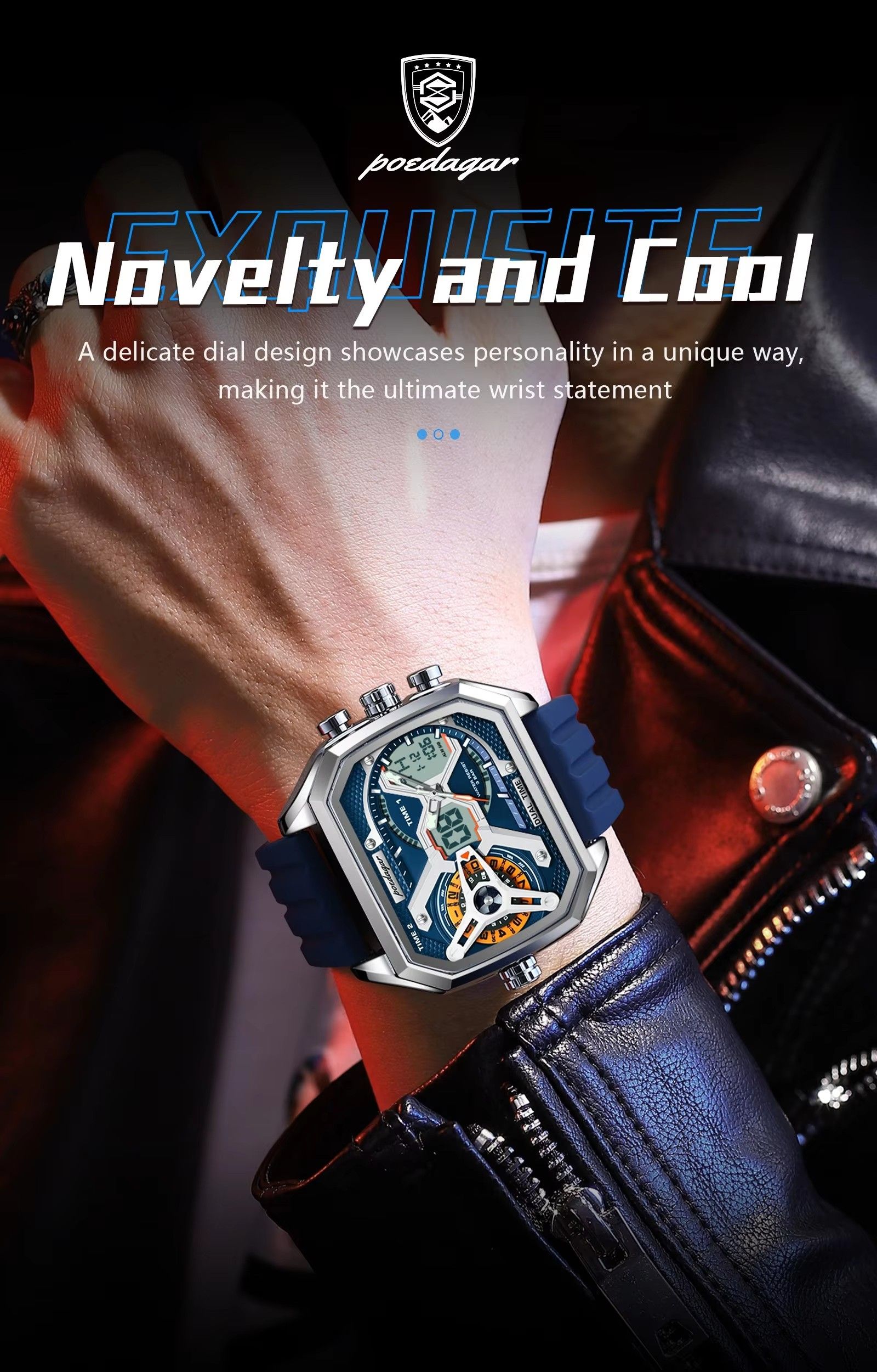 Poedagar E106 Multifunctional Silicone Chronograph Relojes Waterproof Luminous Quartz Digital Watch for Men