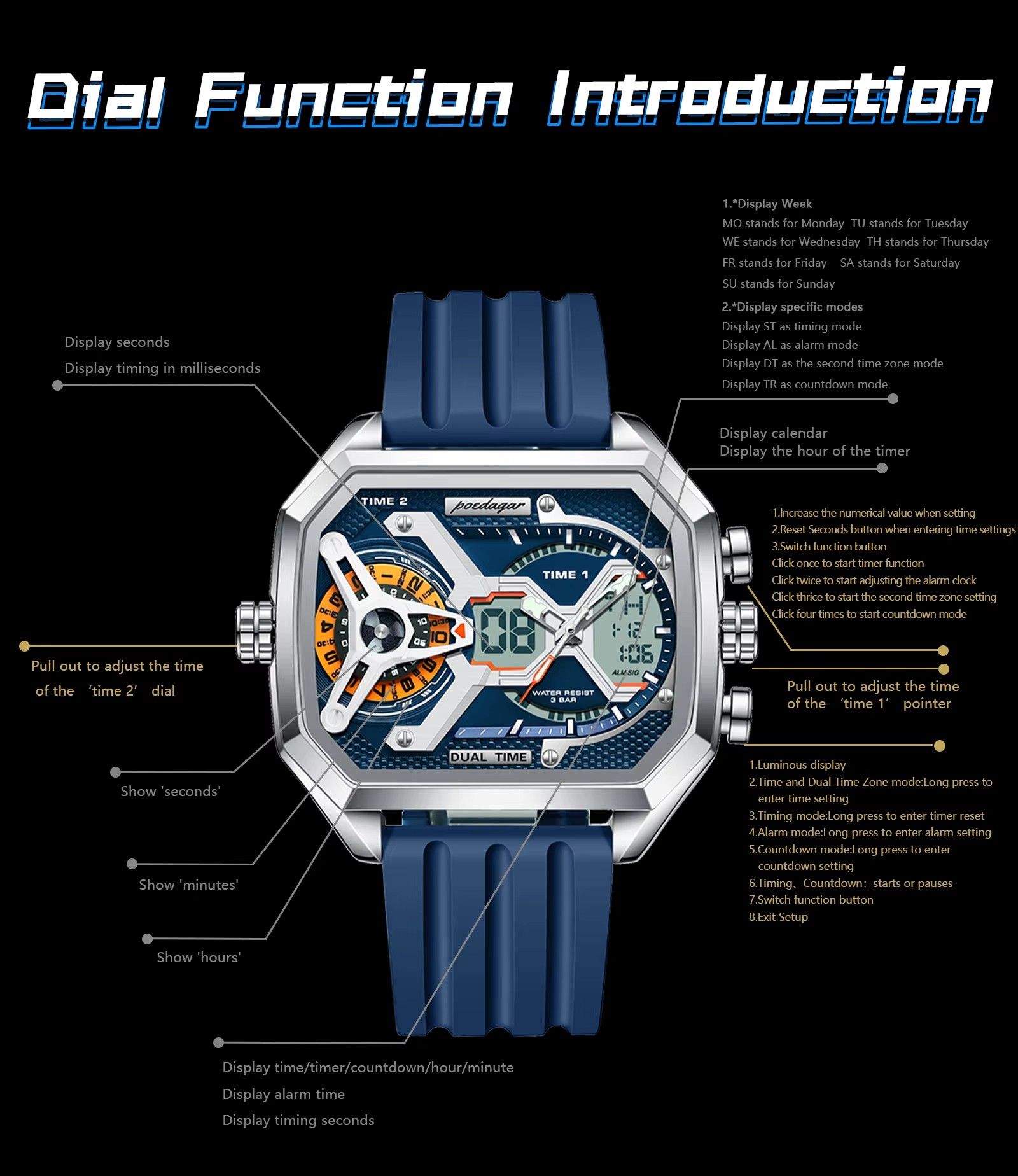 Poedagar E106 Multifunctional Silicone Chronograph Relojes Waterproof Luminous Quartz Digital Watch for Men