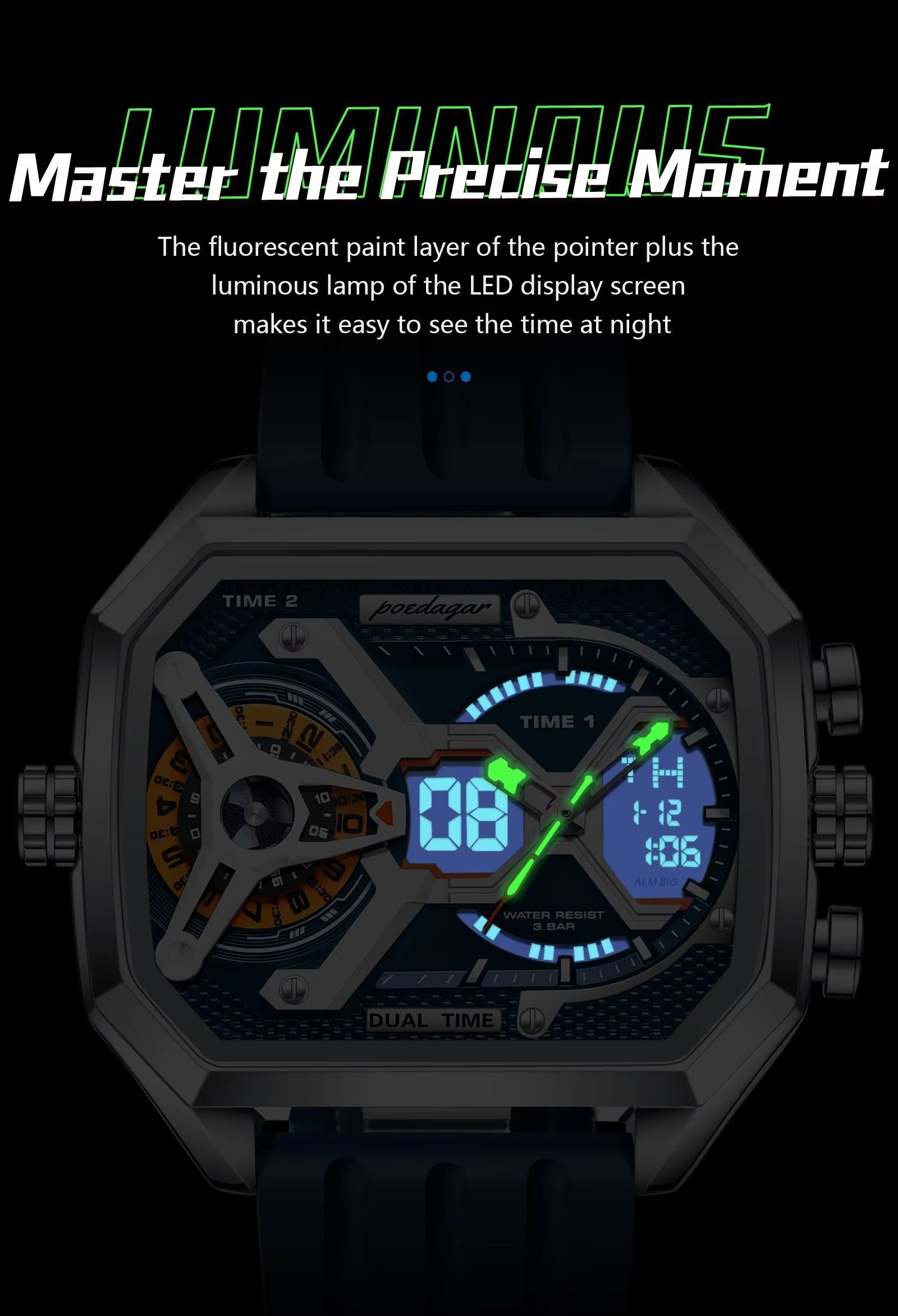 Poedagar E106 Multifunctional Silicone Chronograph Relojes Waterproof Luminous Quartz Digital Watch for Men