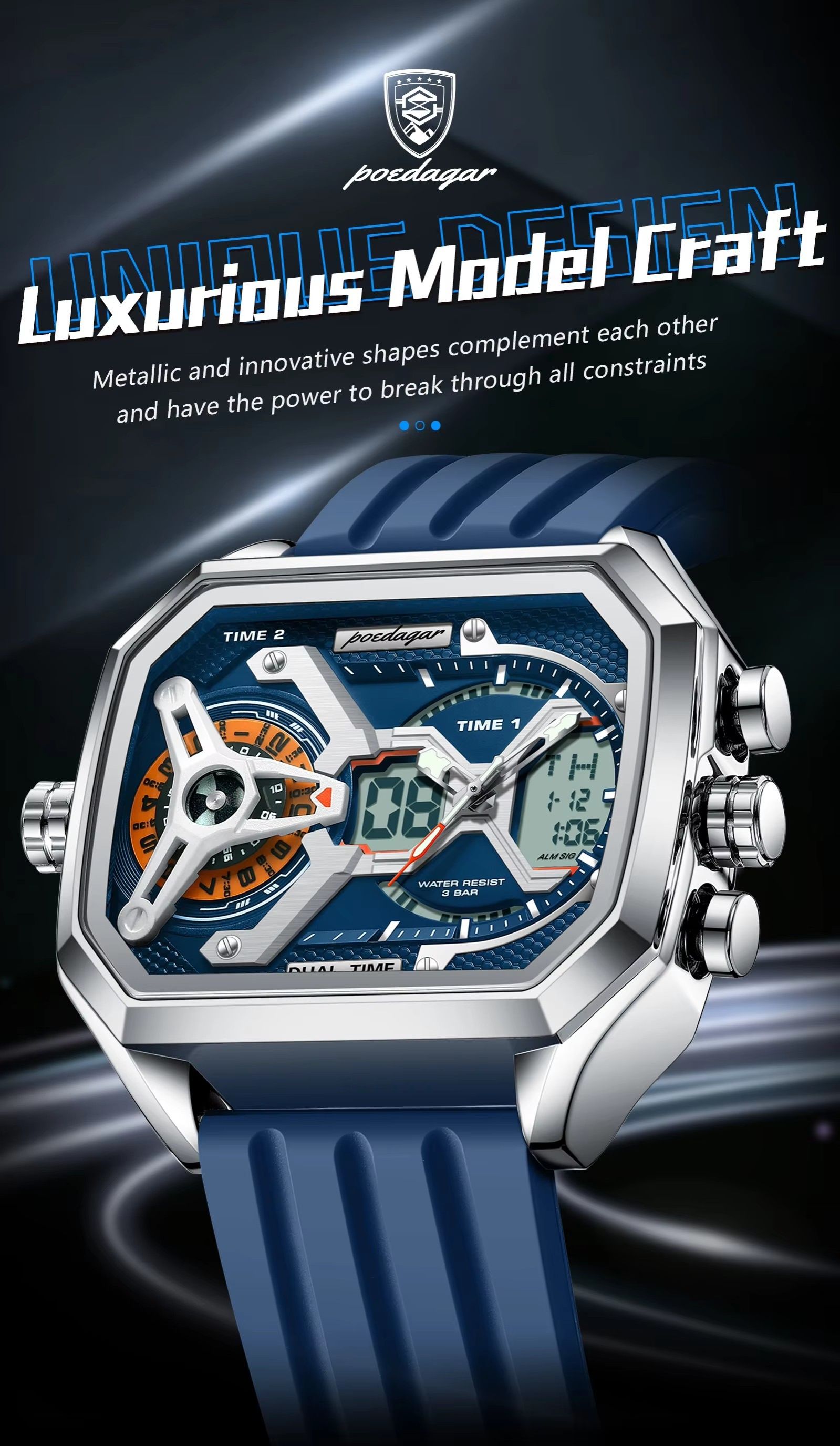 Poedagar E106 Multifunctional Silicone Chronograph Relojes Waterproof Luminous Quartz Digital Watch for Men