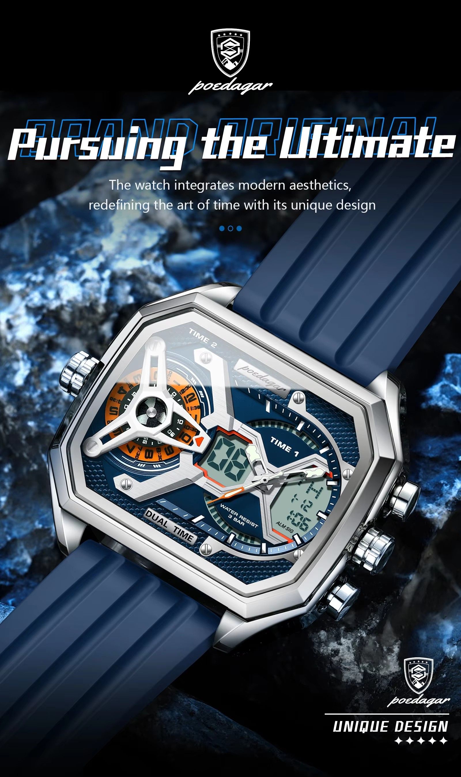 Poedagar E106 Multifunctional Silicone Chronograph Relojes Waterproof Luminous Quartz Digital Watch for Men