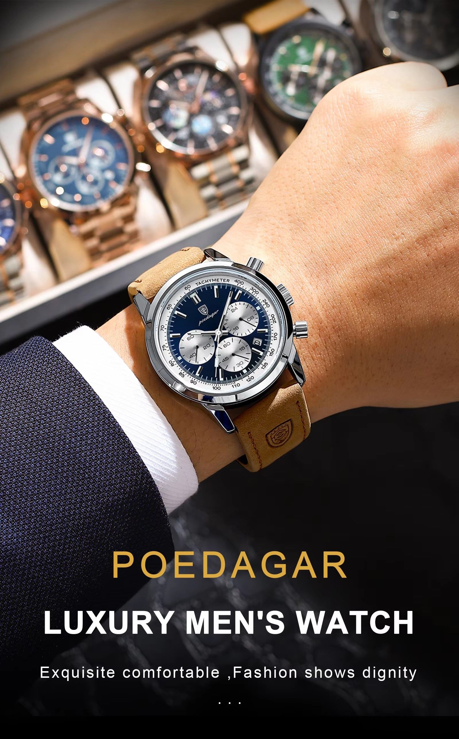 POEDAGAR 921 Luxury Men's Quartz Wristwatch Waterproof Luminous Chronograph Stainless Steel Band Alloy Fashion Military Style