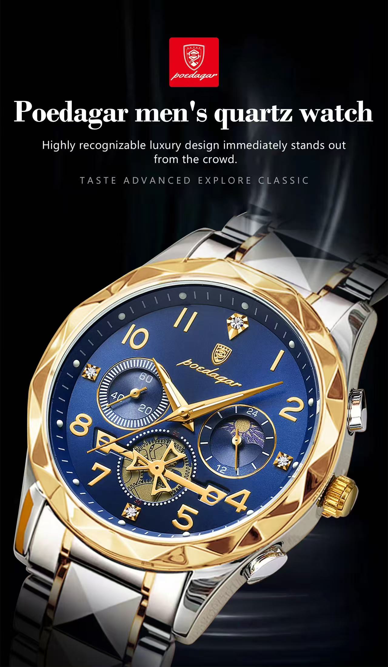 New POEDAGAR 972 Luxury Sports Watch Men's Stainless Steel Quartz Watch Water-Resistant Luminous Chronograph Watch Men's Watch