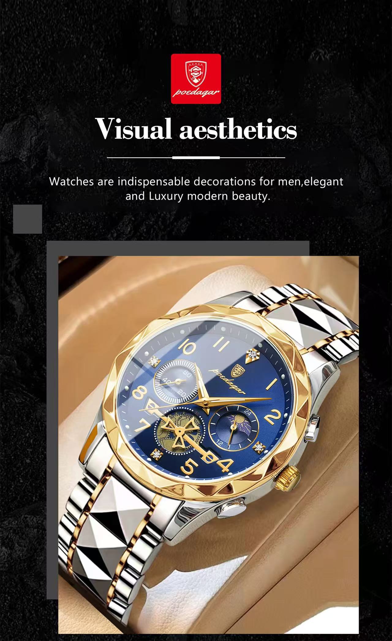 New POEDAGAR 972 Luxury Sports Watch Men's Stainless Steel Quartz Watch Water-Resistant Luminous Chronograph Watch Men's Watch