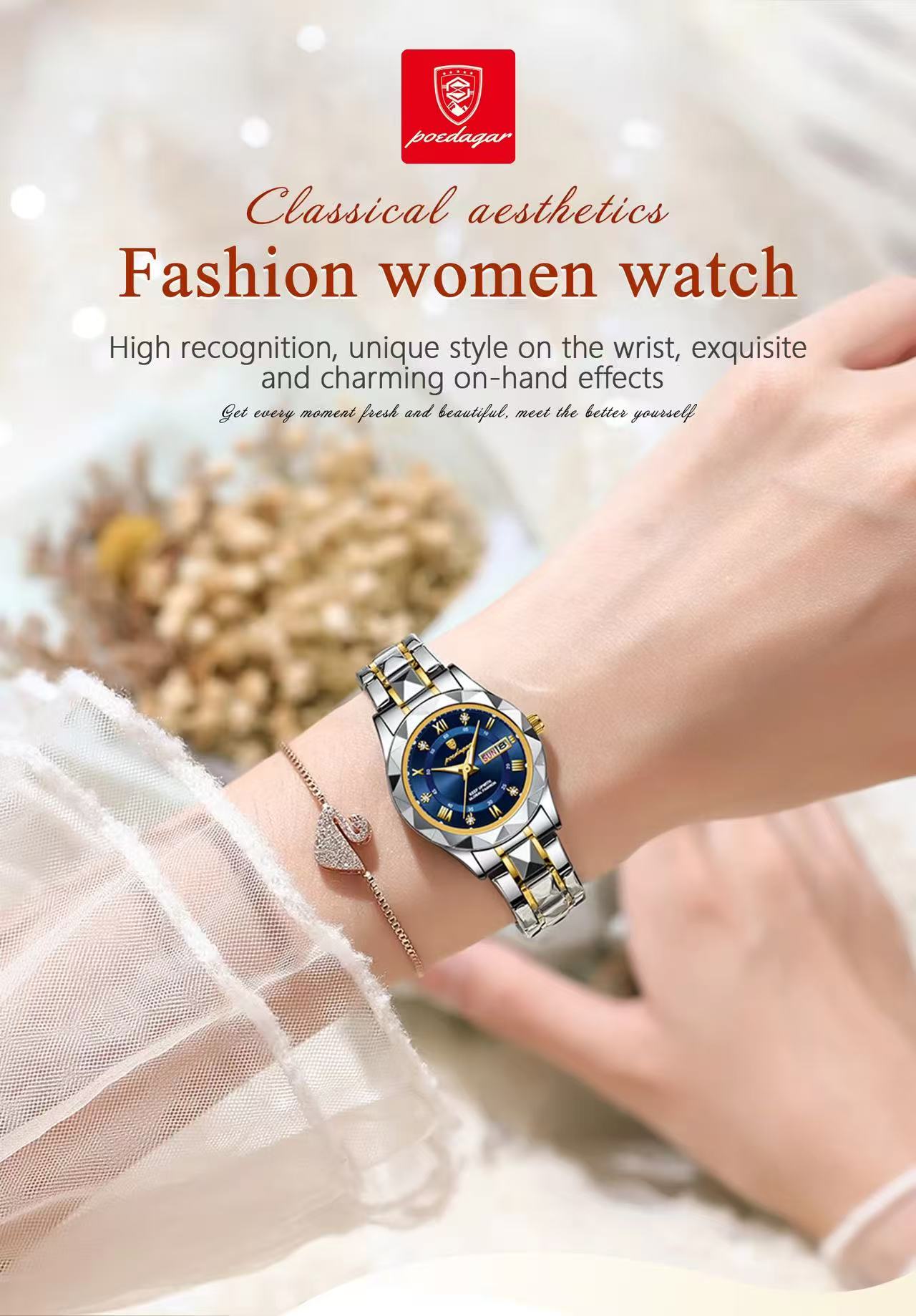 POEDAGAR 306 Luxury Ladies Watch Luminous Waterproof Week Woman Wristwatch Stainless Steel Women Quartz Watches Reloj