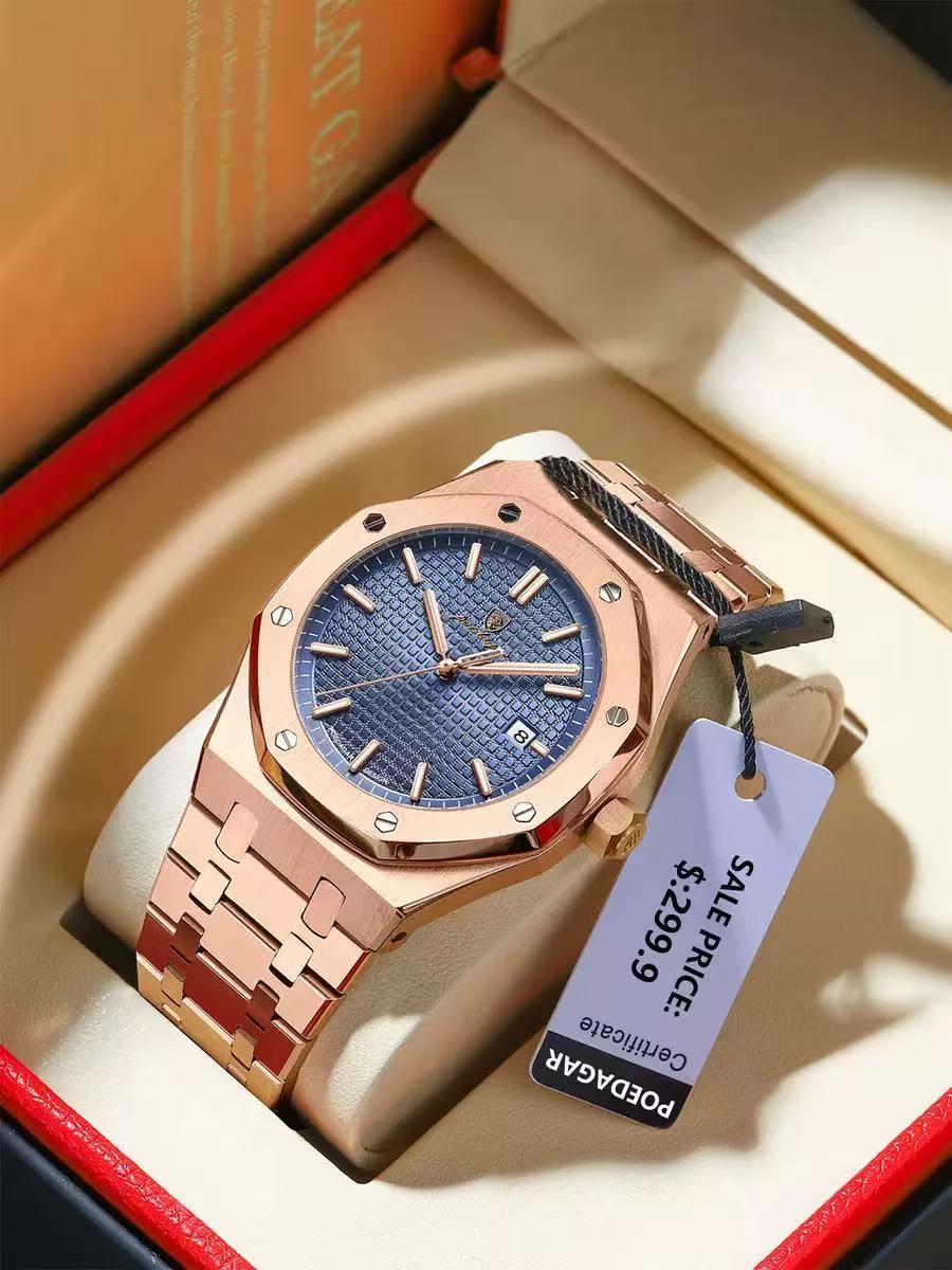 POEDAGAR 924 Men's Quartz Watch Waterproof Luminous Analog Auto Date Fashion Stainless Steel Band Wristwatch