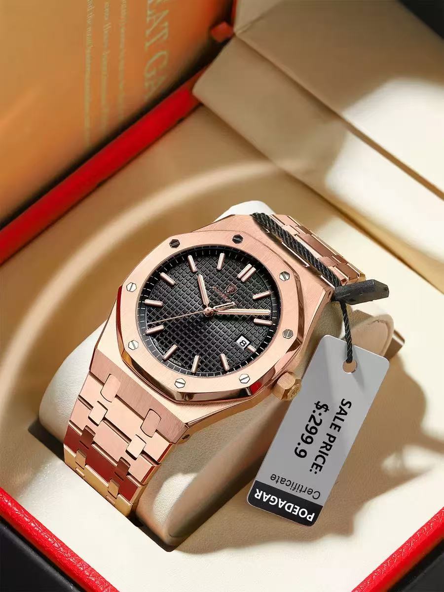 POEDAGAR 924 Men's Quartz Watch Waterproof Luminous Analog Auto Date Fashion Stainless Steel Band Wristwatch