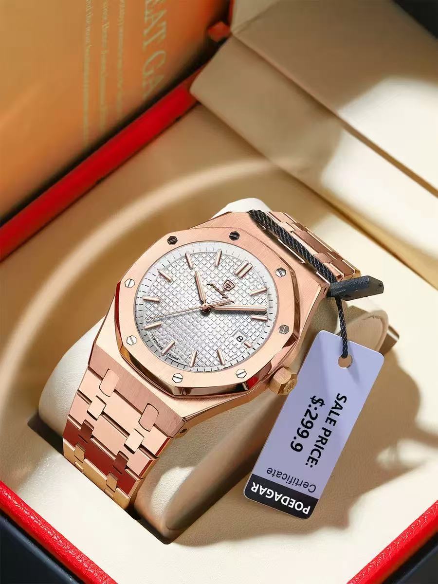 POEDAGAR 924 Men's Quartz Watch Waterproof Luminous Analog Auto Date Fashion Stainless Steel Band Wristwatch