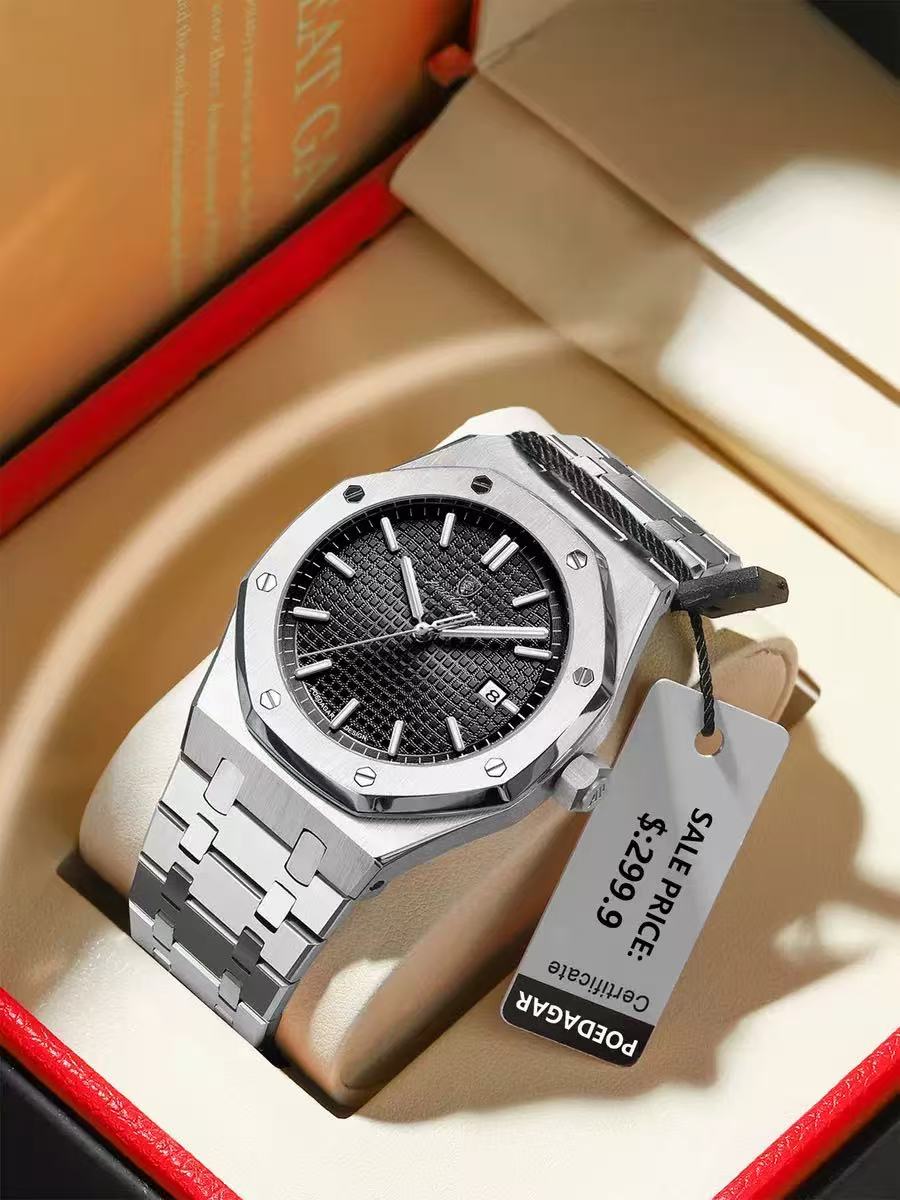 POEDAGAR 924 Men's Quartz Watch Waterproof Luminous Analog Auto Date Fashion Stainless Steel Band Wristwatch