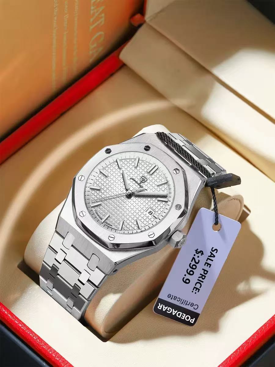POEDAGAR 924 Men's Quartz Watch Waterproof Luminous Analog Auto Date Fashion Stainless Steel Band Wristwatch