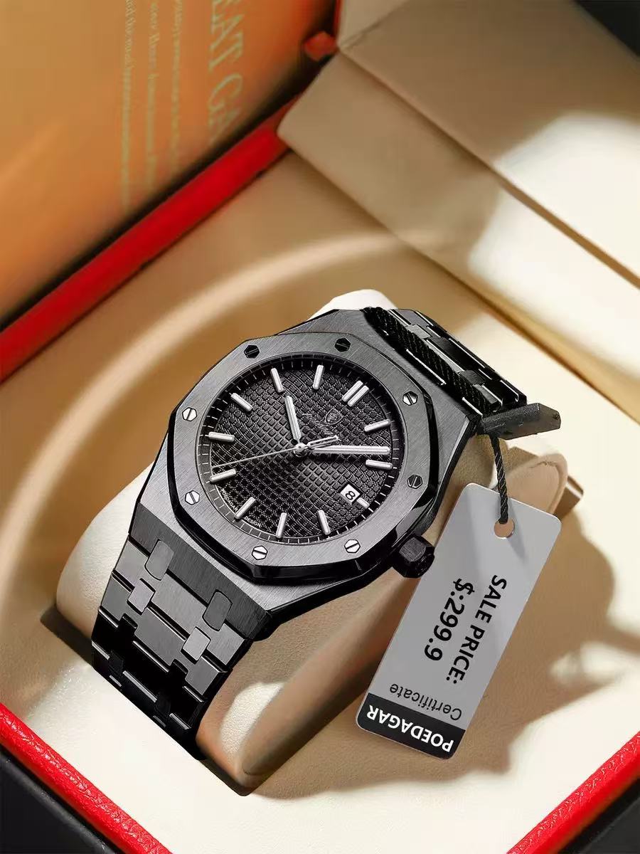 POEDAGAR 924 Men's Quartz Watch Waterproof Luminous Analog Auto Date Fashion Stainless Steel Band Wristwatch