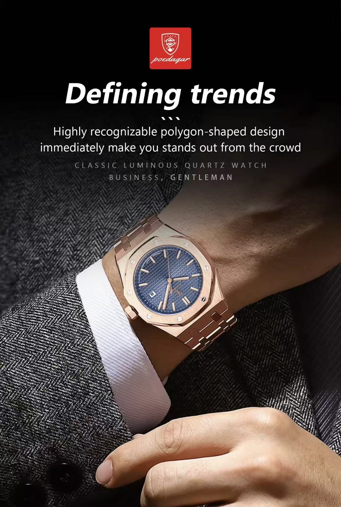 POEDAGAR 924 Men's Quartz Watch Waterproof Luminous Analog Auto Date Fashion Stainless Steel Band Wristwatch
