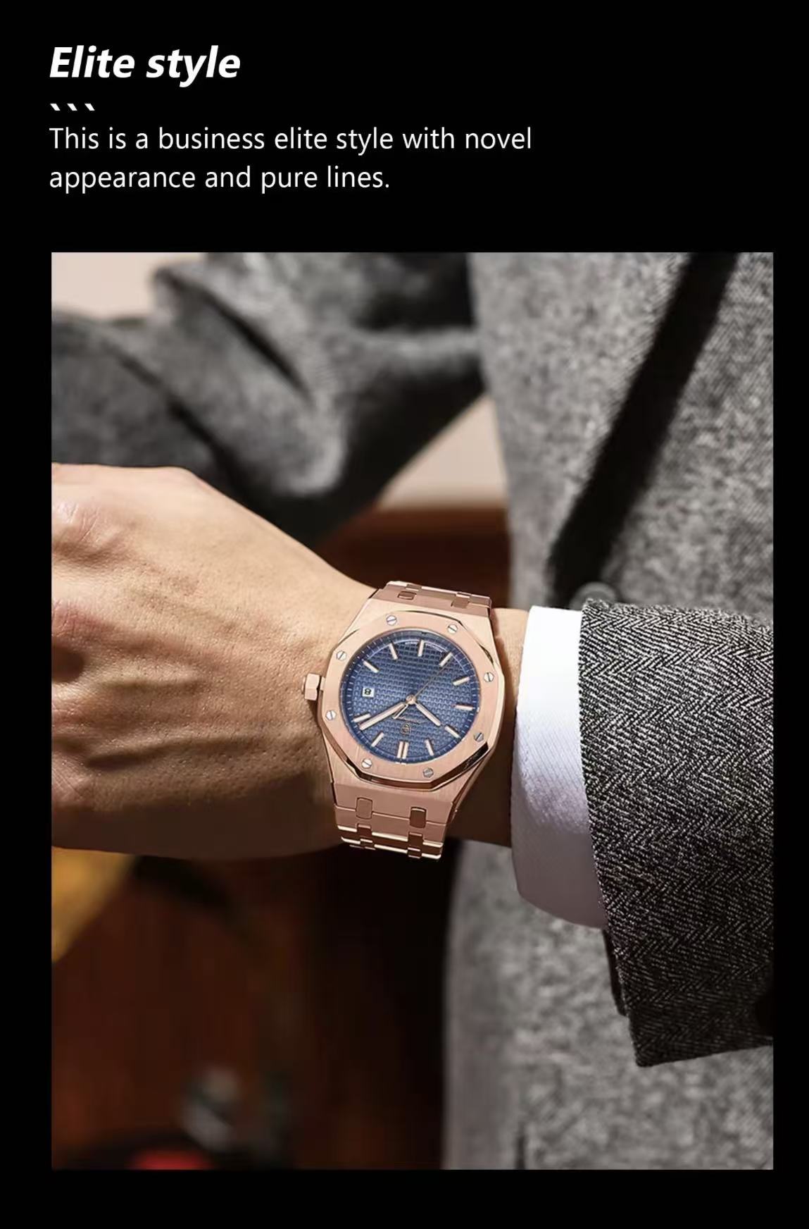 POEDAGAR 924 Men's Quartz Watch Waterproof Luminous Analog Auto Date Fashion Stainless Steel Band Wristwatch