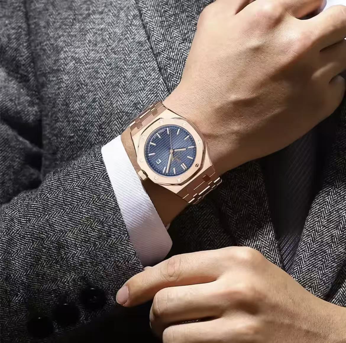 POEDAGAR 924 Men's Quartz Watch Waterproof Luminous Analog Auto Date Fashion Stainless Steel Band Wristwatch