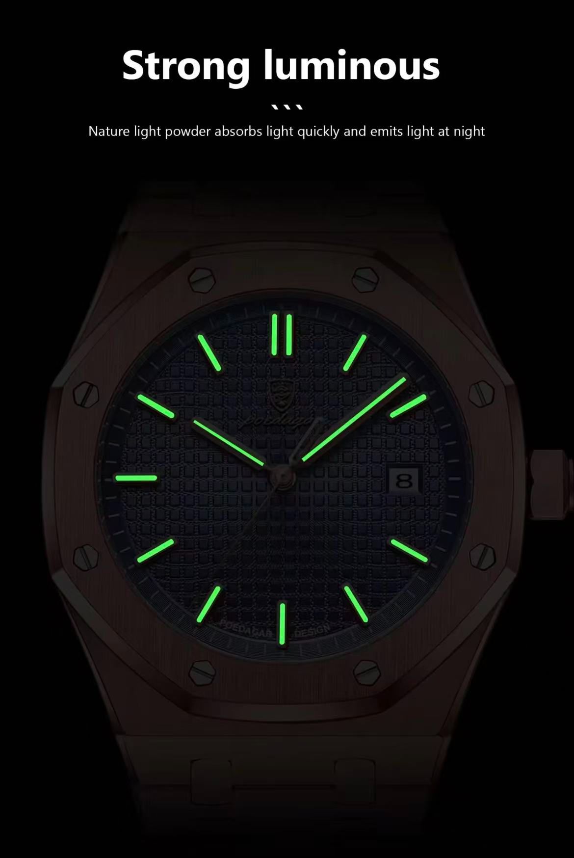 POEDAGAR 924 Men's Quartz Watch Waterproof Luminous Analog Auto Date Fashion Stainless Steel Band Wristwatch