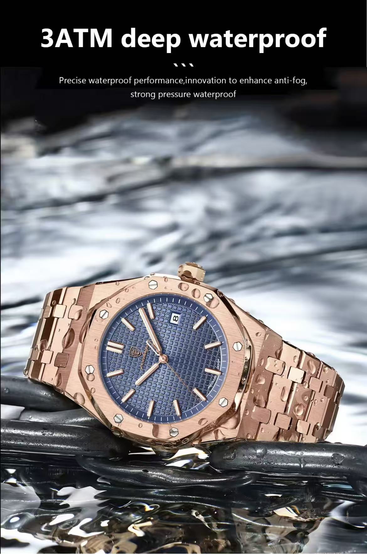 POEDAGAR 924 Men's Quartz Watch Waterproof Luminous Analog Auto Date Fashion Stainless Steel Band Wristwatch