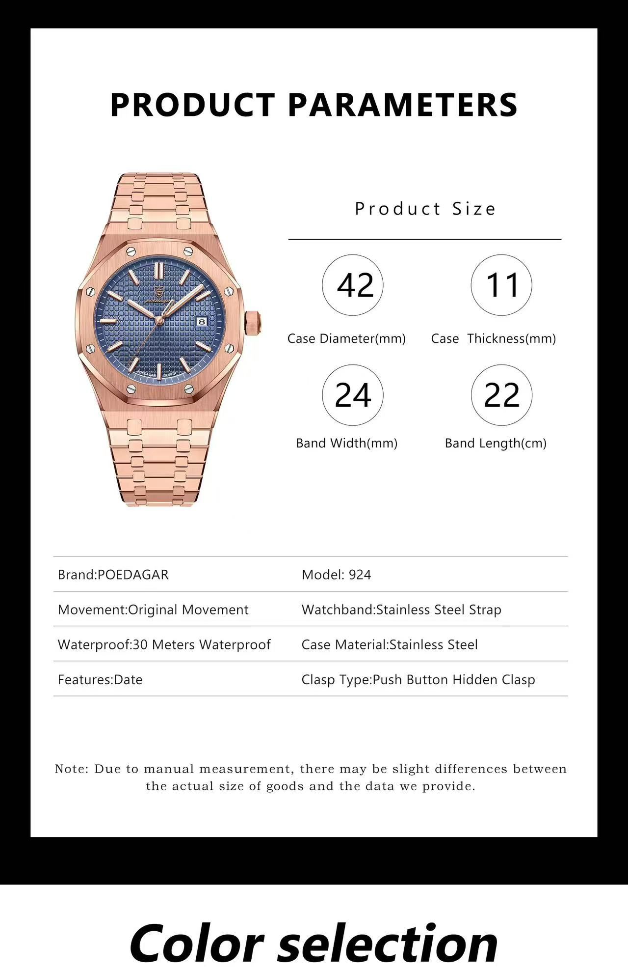 POEDAGAR 924 Men's Quartz Watch Waterproof Luminous Analog Auto Date Fashion Stainless Steel Band Wristwatch