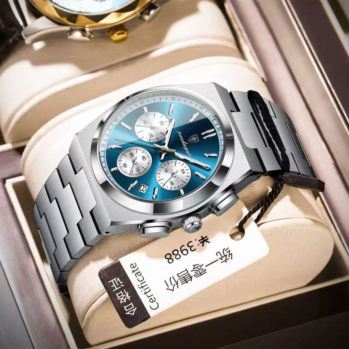 POEDAGAR 970 3 Small Dials Working Quartz Watches Waterproof Luminous Stainless Steel Band Chronograph Men Wristwatches