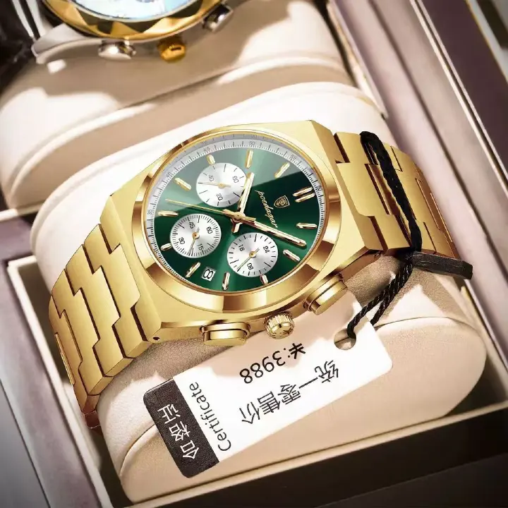 POEDAGAR 970 3 Small Dials Working Quartz Watches Waterproof Luminous Stainless Steel Band Chronograph Men Wristwatches