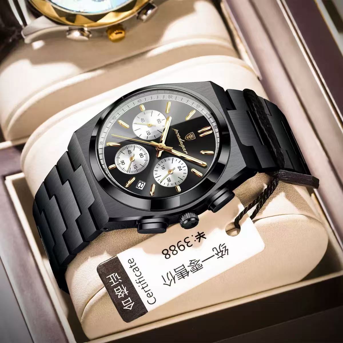 POEDAGAR 970 3 Small Dials Working Quartz Watches Waterproof Luminous Stainless Steel Band Chronograph Men Wristwatches