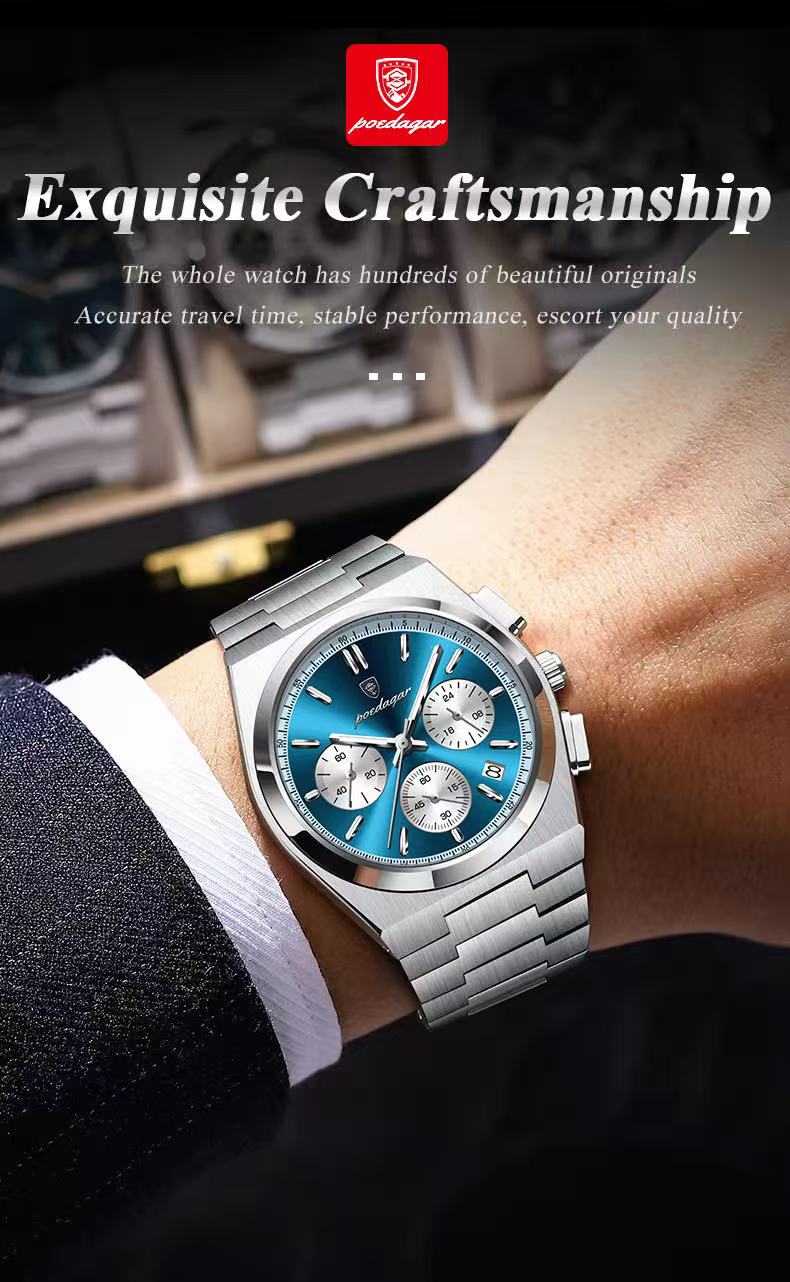 POEDAGAR 970 3 Small Dials Working Quartz Watches Waterproof Luminous Stainless Steel Band Chronograph Men Wristwatches