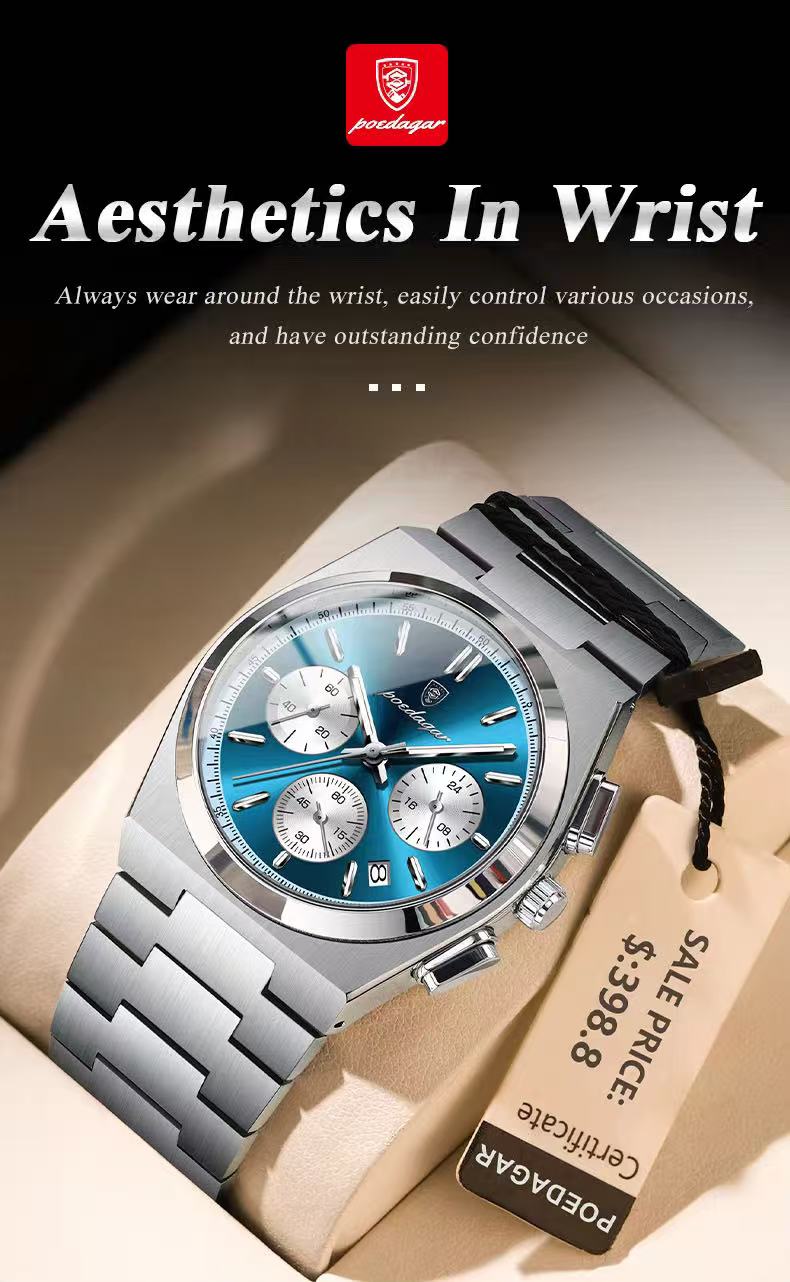 POEDAGAR 970 3 Small Dials Working Quartz Watches Waterproof Luminous Stainless Steel Band Chronograph Men Wristwatches