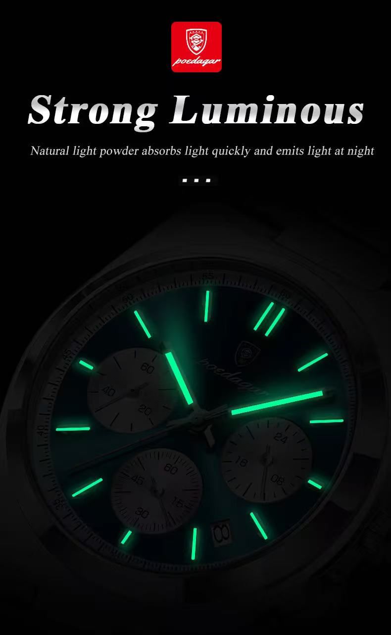 POEDAGAR 970 3 Small Dials Working Quartz Watches Waterproof Luminous Stainless Steel Band Chronograph Men Wristwatches