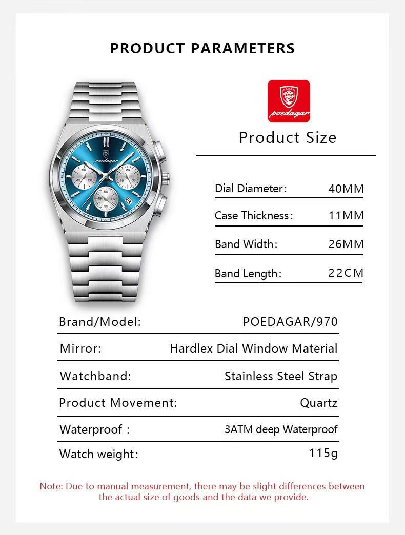 POEDAGAR 970 3 Small Dials Working Quartz Watches Waterproof Luminous Stainless Steel Band Chronograph Men Wristwatches