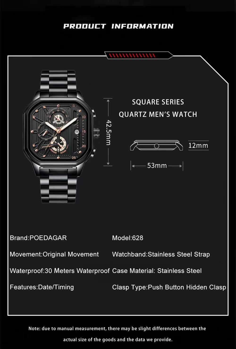 Top Poedagar Watches for Men 628 Quartz Man Wristwatch Waterproof Not-Chronograph Leather Band Fashion Men Dual Time Watch