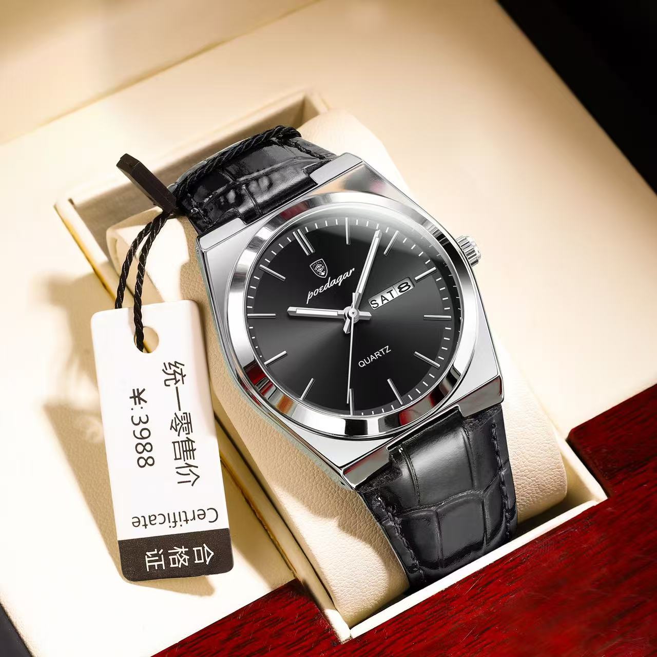 POEDAGAR 930 New Luxury Ultra-thin 40mm Men's Quartz Watches Waterproof Luminous Leather Strap Men Watch