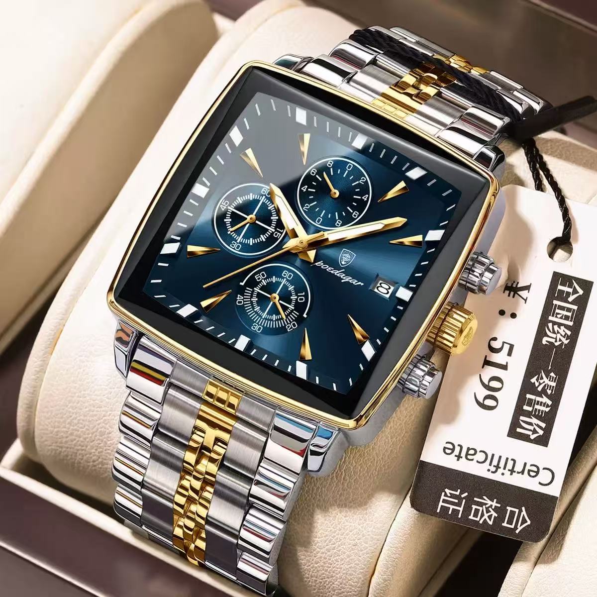 Top Brand POEDAGAR 866 Luxury Square Sport Wristwatch Waterproof Luminous Chronograph Quartz Watches Stainless Steel Men Watch