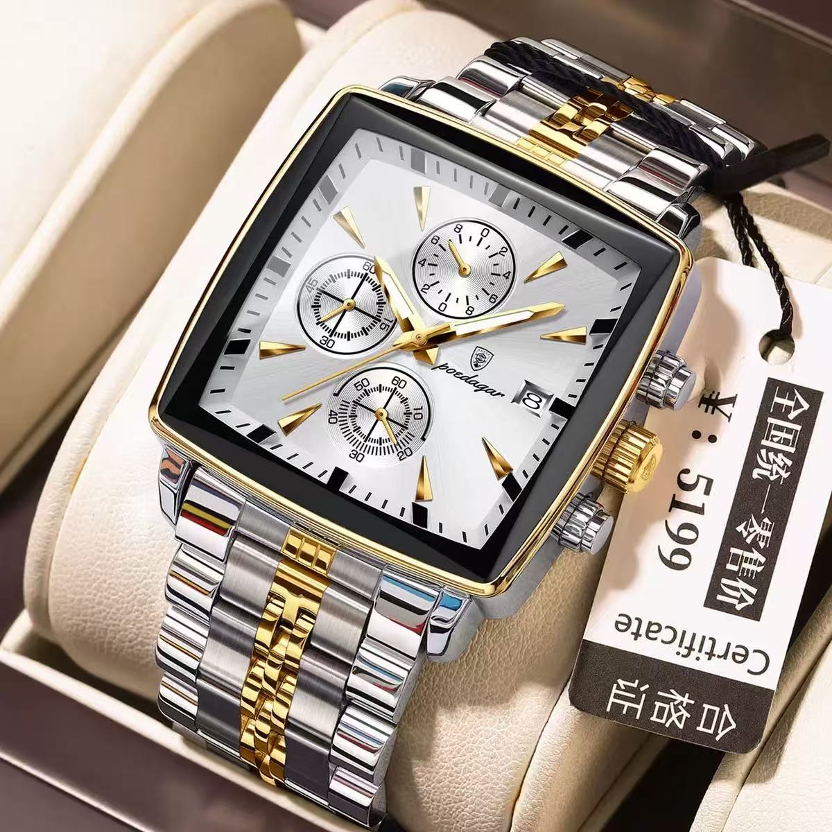 Top Brand POEDAGAR 866 Luxury Square Sport Wristwatch Waterproof Luminous Chronograph Quartz Watches Stainless Steel Men Watch