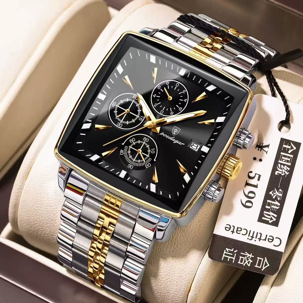 Top Brand POEDAGAR 866 Luxury Square Sport Wristwatch Waterproof Luminous Chronograph Quartz Watches Stainless Steel Men Watch