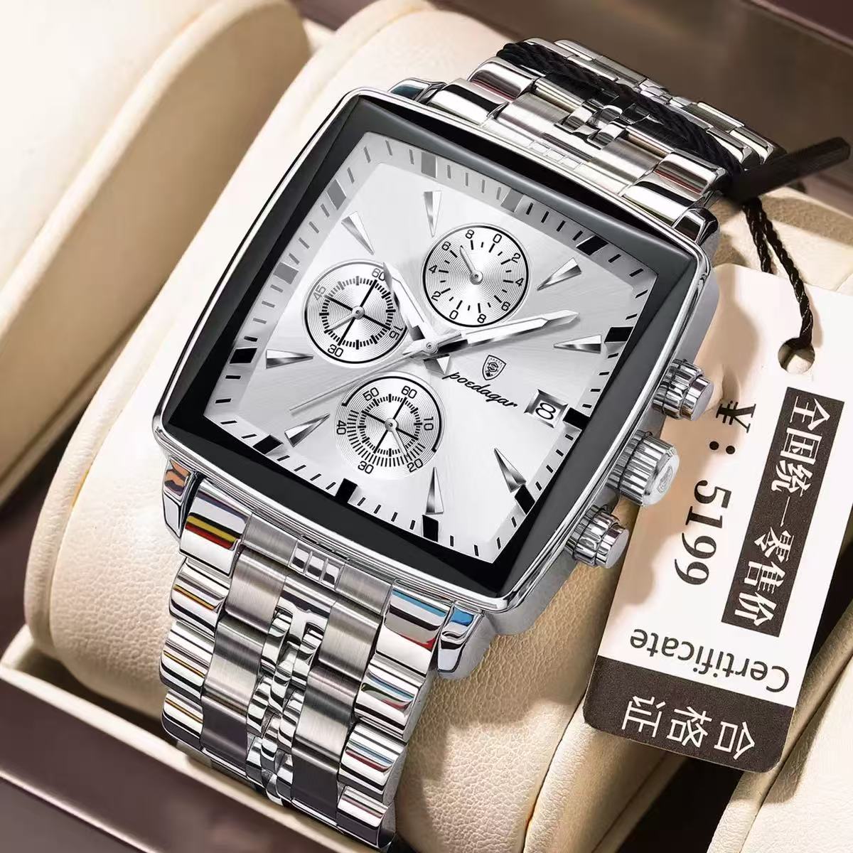 Top Brand POEDAGAR 866 Luxury Square Sport Wristwatch Waterproof Luminous Chronograph Quartz Watches Stainless Steel Men Watch