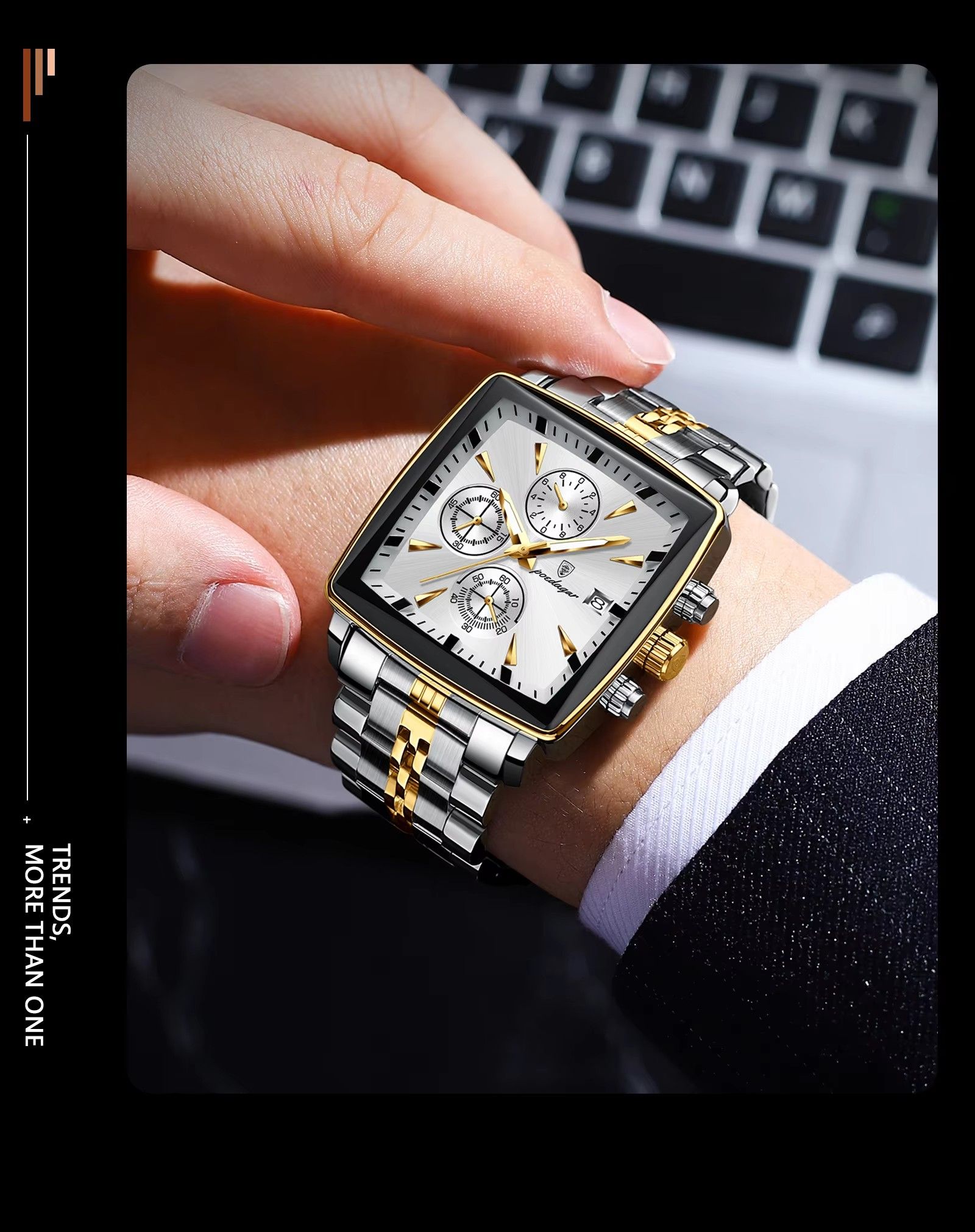 Top Brand POEDAGAR 866 Luxury Square Sport Wristwatch Waterproof Luminous Chronograph Quartz Watches Stainless Steel Men Watch